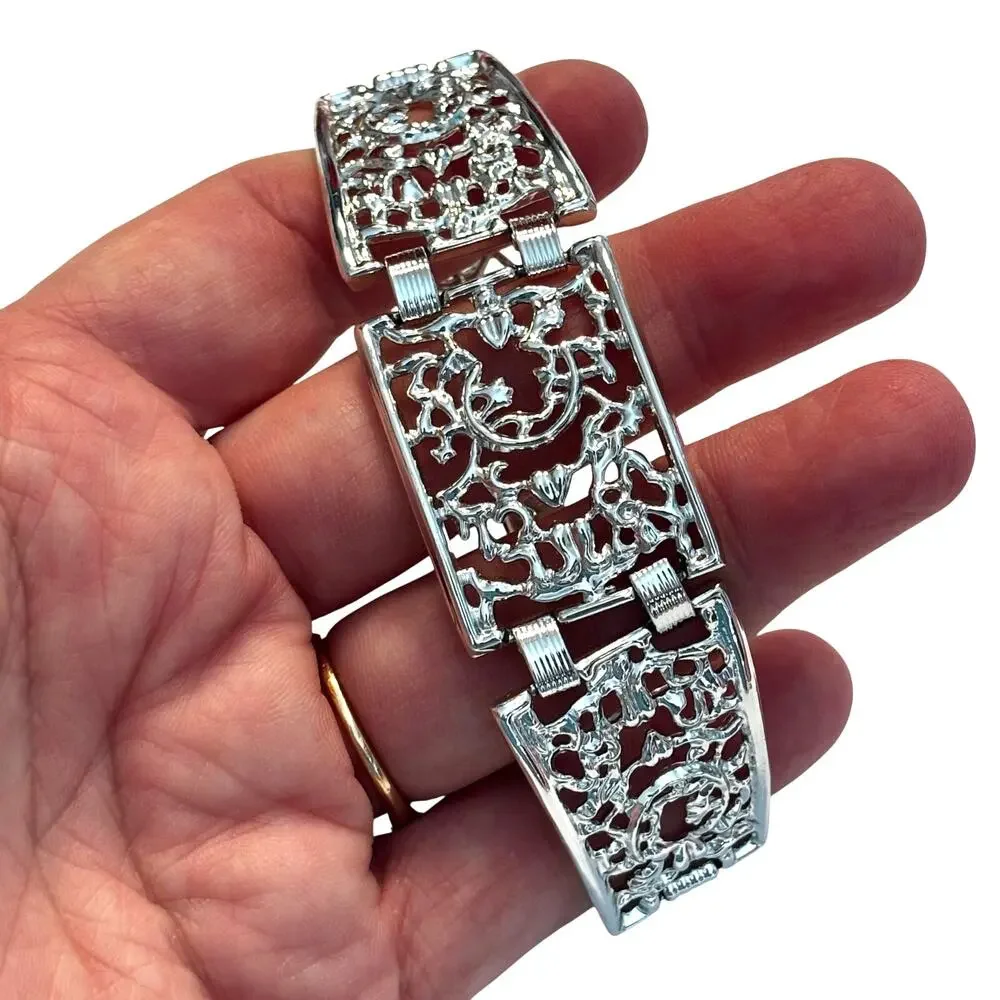 Vintage silver tone filigree chain bracelet hallmarked SAC tapered panel links